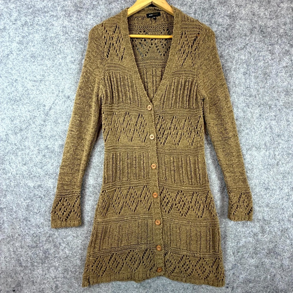BCBGMAXAZRIA Duster Long Cardigan Sweater Womens XL Brown Y2K Open Knit